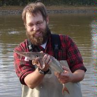 VIMS' newest faculty member Dr. Eric Hilton holds a shovelnose sturgeon (Scaphirhynchus platorynchus) from the Missouri River. Photo by Casey Dillman.