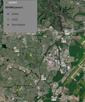 A close-up of a Virginia Beach section of the StormSense network, which includes water-level sensors installed throughout Hampton Roads by StormSense partners (red) and the U.S. Geological Survey (green). Real time water level data are updated every 6 minutes. © D. Loftis/VIMS.