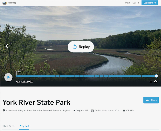 The time-lapse window for the Chronolog at Taskinas Creek in York River State Park.