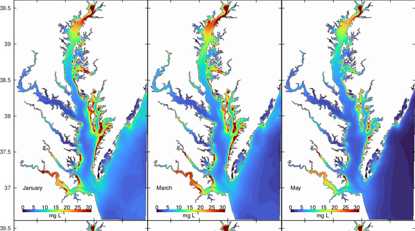 The images above show surface concentrations of inorganic suspended solids in the Chesapeake Bay in the months of January, March and May. This is one of many environmental variables that can be explored using the atlas.