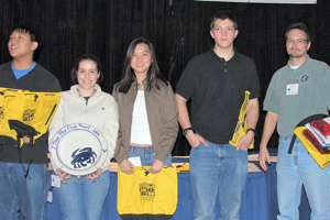 VIMS alumn Kevin Goff coached his team from the Chesapeake Bay Governor's School to a first-place finish in this year's Blue Crab Bowl. This is the school's second consecutive first-place finish. From L: Jonathan Lee (junior, Essex High School); Abby Hughes (senior, Rappahannock High School); Tiffany Lee (senior, Essex High School); Luke Bessler (junior, Lancaster High School), and Coach Goff.