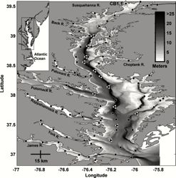 Optimal Sampling Stations: The triangles mark the 13 sampling sites recommended by VIMS research. Circles show current CBP sampling locations, while shading shows water depth in Chesapeake Bay and its tributaries. Click for larger version.