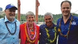 From L: VIMS Professor Kirk Havens with U.S. Interior Secretary Sally Jewel, Master Pwo Navigator Nainoa Thompson, and American Canoe Association Executive Director Wade Blackwood during the Hokule’a’s arrival in Washington, D.C. © ACA.