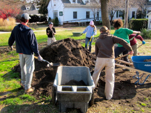 Members of the VIMS Community Garden move topsoil into their raised beds. From L: Scott Marion, Kate Ruck, Sarah Glaser, Julia Moriarty, Carissa Wilkerson, and Blaine Schoolfield. Photo by Hadley McIntosh.