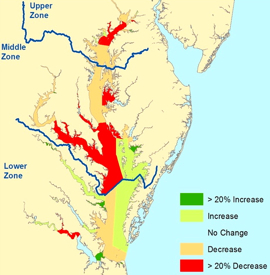 A map of changes in bay-grass coverage between 2009 and 2010. Click for larger version.