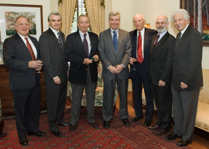 The Massey Foundation's $1 million gift was announced April 6, 2005 at the College of William and Mary. From L: VIMS Council Chairman Carroll Owens, Massey Foundation President Bill Massey, Massey Foundation Vice President Morgan Massey, Camapgin for William and Mary Chairman Jim Murray, VIMS Foundation Director Guil Ware, VIMS Dean and Director John Wells, and William and Mary President Timothy Sullivan.