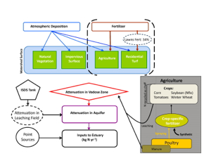 Ecosystem models use a set of interacting equations to simulate flows of energy and matter through natural systems. This model, adapted from Valiela et al., 1997, Cole, 2005, and Giordano et al. 2012, is the basis for Riddle and Cooper's lesson plan. Click for larger version.