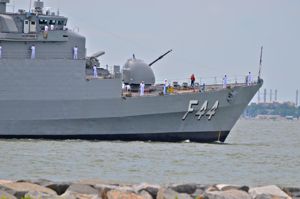 The VIMS research vessel Bay Eagle joined the 424-foot Brazilian Navy Frigate BNS Independencia and other military and research vessels during OpSail 2012's Parade of Sail and Air. Photo by Susan Maples/VIMS.